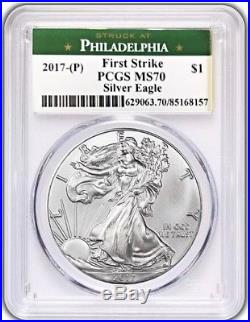 2017 (P) $1 Silver Eagle PCGS MS70 FIRST STRIKE AT PHILADELPHIA Green