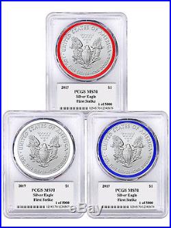 2017 Silver Eagle 3-Coin Set PCGS MS70 FS RWB Trump & Pence Label