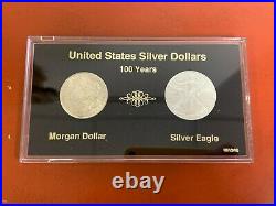 100 YEAR SILVER DOLLAR SET 1921 Morgan & 2021 Silver Eagle in Capital Display