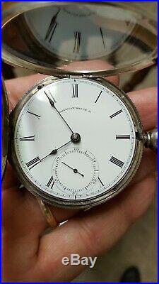 1866 18s Waltham Wm Ellery 1857 Key Wind Hunter Eagle Coin Silver Pocket Watch