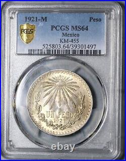 1921 PCGS MS 64 Mexico 1 UN Peso Silver Eagle Snake Mint State Coin (22020201C)