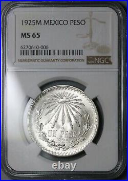 1925 NGC MS 65 Mexico 1 UN Peso Silver Eagle Snake Mint State Coin (22020202C)