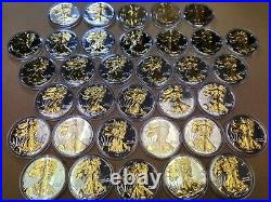 1986 2019 Complete Set of (34) 1 oz Gold Gilded American Silver Eagles in Caps