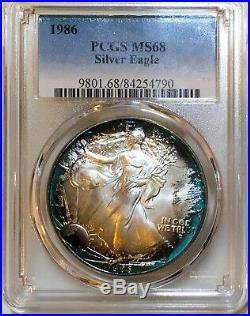 1986 American Silver Eagle PCGS MS68 Vibrant Blue Halo Toned 2 Sided Toning