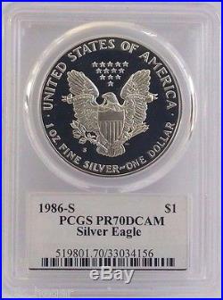 1986 S Proof Silver Eagle Pcgs Pr70 Dcam Rare Flag Mercanti Signed Label