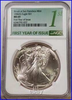 1986 (s) American Silver Eagle Ase $1 Ngc Ms69 Special First Year Issue Tag