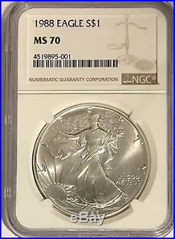 1988 $1 Ngc Ms70 Silver American Eagle 1 Oz. 999 Fine Bullion