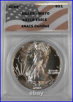 1988 American Silver Eagle 1-oz Anacs Perfect Ms-70 Top-pop Highest-grades