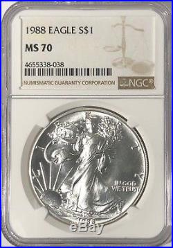 1988 Ngc Ms70 Silver American Eagle Mint State 1 Oz. 999 Fine Bullion
