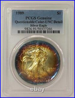 1989 $1 Rainbow Toned Silver Eagle ASE PCGS Genuine Unc Quest Color? LH657