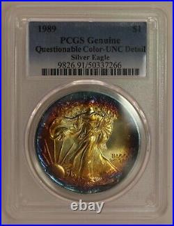 1989 $1 Rainbow Toned Silver Eagle ASE PCGS Genuine Unc Quest Color? LH657