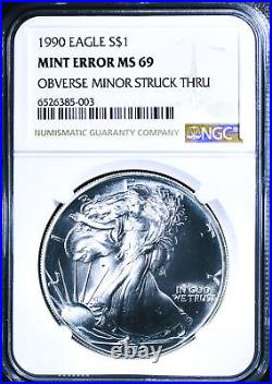 1990 American Silver Eagle Mint Error Obverse Struck Through NGC MS-69