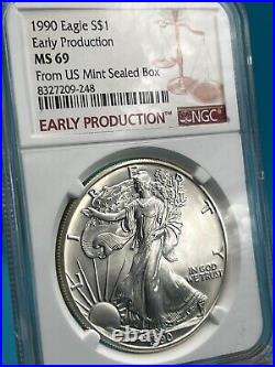 1990 Ngc Ms69 Early Production Silver Eagle (s) Struck 1989 Us Mint Sealed Box