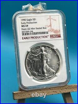 1990 Ngc Ms69 Early Production Silver Eagle (s) Struck 1989 Us Mint Sealed Box