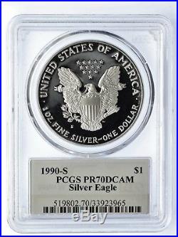 1990-S $1 1oz Proof Silver Eagle PR70 PCGS Mercanti Flag