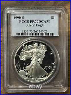 1990-S American Proof Silver Eagle Coin PCGS PR70 DCAM 1 Oz ASE