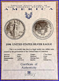 1990 United States Silver Eagle 1 Dollar 1oz Fine. 999 Silver