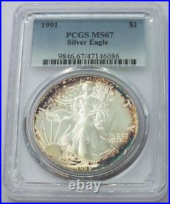 1991 American Eagle 1 oz Silver Dollar PCGS MS67 Toning Toned Bullion E628