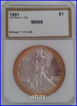 1991 Silver Eagle $1 One Dollar Coin MS68 in PCI Holder 1oz Neon Yellow Toning