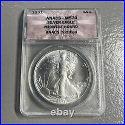 1991 american 1 OZ. 999 silver eagle midwest hoard anacs ms70 PQ quality Coin