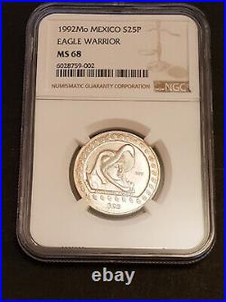 1992 MO NGC Graded MS68 1/4oz 0.999 Silver 25 Peso Eagle Warrior Coin 1992 MO NGC Graded MS68 1/4oz 0.999 Silver 25 Peso Eagle Warrior Coin