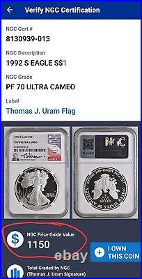 1992-S Proof American Silver Eagle PF70 Ultra Cameo THOMAS J. URAM SIGNED