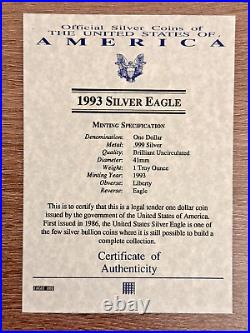 1993 United States Silver Eagle 1 Dollar 1oz Fine. 999 Silver
