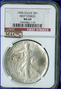 1994 Silver Eagle 1-oz Dollar Ngc Mac Ms-69 Pq First Strike Finest Spotless