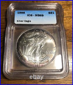 1998 MS69 ICG American Silver Eagle Nice Toning 1 Oz. 999 Fine Silver Tone A1963