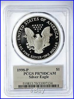 1998-P $1 1oz Proof Silver Eagle PR70DCAM PCGS Mercanti Flag