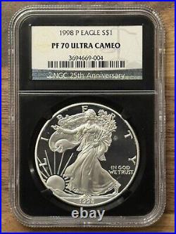 1998 P PROOF AMERICAN SILVER EAGLE NGC PF70 ULTRA CAMEO ASE 1 Oz BLACK HOLDER