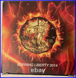 1oz Silver. 999 2014 American Silver Eagle Burning Liberty in case with COA