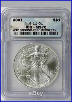 2001 Silver Eagle 9/11/01 WTC Ground Zero Twin Towers Recovery Coin Grade MS 70