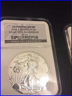 2006 20TH ANNIVERSARY SILVER EAGLE 3 COIN SET NGC PF70, MS70, REV PF70 With BOX