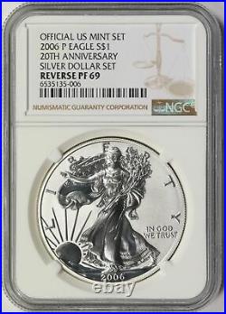 2006-P $1 Proof American Silver Eagle NGC Reverse PF69 20th Anniversary Mint Set