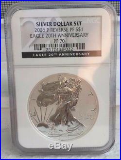 2006 P SILVER EAGLE NGC 20th Anniversary PF70 Reverse Proof SILVER DOLLAR SET