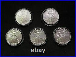 2008 1 oz American Silver Eagle 99.9% Pure Silver Bullion Coin x 5 coins
