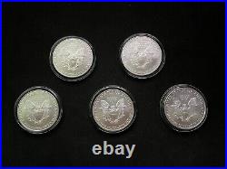 2008 1 oz American Silver Eagle 99.9% Pure Silver Bullion Coin x 5 coins