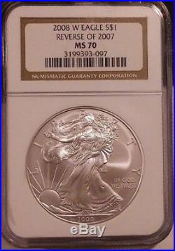 2008 Reverse Of 2007 W Burnished Silver Eagle Error Coin Ngc Certified Ms 70