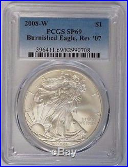2008 W $1 American Silver Eagle 1 oz PCGS SP69 Burnished Reverse of 07
