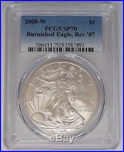 2008 W $1 American Silver Eagle 1 oz PCGS SP70 Burnished Reverse of 07