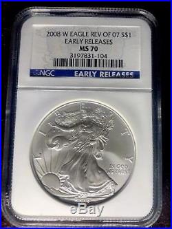 2008-W Burnished Silver Eagle (With Reverse Of 2007) NGC Early Releases MS 70