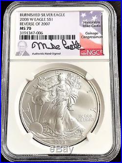 2008-W Burnished Silver Eagle with Reverse 2007 NGC MS 70 Signed MIKE CASTLE