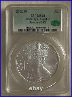 2008-W Reverse of 2008- Burnished American Silver Eagle- CAC- MS70