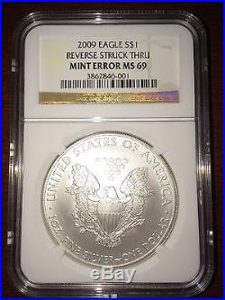 2009 USA $1 Silver Eagle REVERSE STRUCK THRU MINT ERROR MS 69 NGC Coin