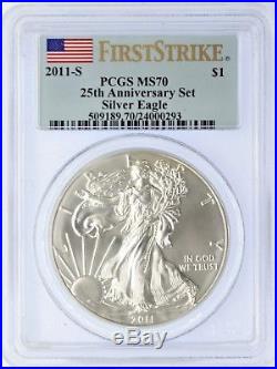 2011 5-Coin Silver Eagle Set PCGS PR/MS70 25th Anniversary Set Flag First Strike