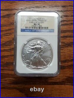 2011 Silver Eagle 25th Anniversary Early Releases MS70 PF70 NGC 5 coin Set S P W