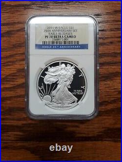 2011 Silver Eagle 25th Anniversary Early Releases MS70 PF70 NGC 5 coin Set S P W