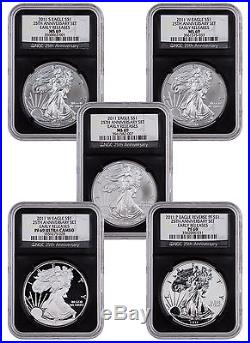 2011 Silver Eagle 25th Annv Set of 5 Coins NGC PF69 & MS69 ER (Black) SKU42851