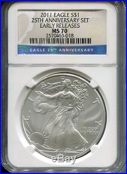 2011 US MINT SILVER EAGLE 5-COIN 25th ANNIVERSARY SET NGC PF/ MS ALL 70'S